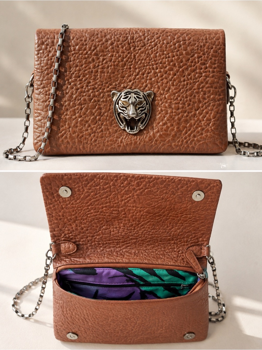 Vintage Brahmin Brown Leather Tiger Chain Clutch Bag